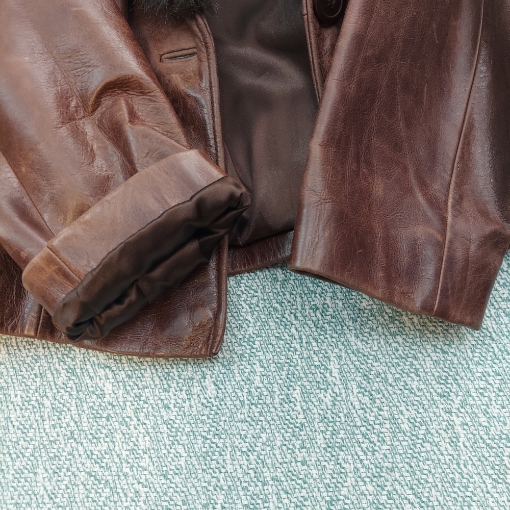 Guess Brown Leather Jacket with Faux Fur Collar - Picture 8 of 15